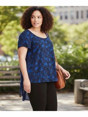 Torrid Blue Black Rose Print Sheer Blouse Size 3 High Low 3X